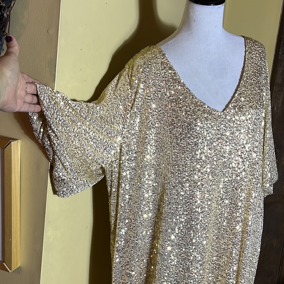 ASHLEY STEWART sz 26/28 Gold Sequin Dress VNeck Short-Sleeve Lined Party $70 NEW - Picture 7 of 16